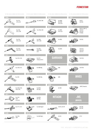 F O X . A G U J A S Y F O N O C Á P S U L A S 519 |
Nº. FOX / AGUJA / MODELO DE CÁPSULA-AGUJA Nº. FOX / AGUJA / MODELO DE CÁPSULA-AGUJA Nº. FOX / AGUJA / MODELO DE CÁPSULA-AGUJA Nº. FOX / AGUJA / MODELO DE CÁPSULA-AGUJA
200
Fox 2115,
2116, 2141
332
Fox 2120,
2121, 2128
201
Fox 2122,
2123, 2132
400
Fox 2124,
2155, 2157
401
Fox 2125, 2126
025
Fox 2138, 2173
168
Fox 2156
411
Fox 2158, 2159,
2160, 2164
381
Fox 2167,
2168
Una punta
404
Fox 2171, 2172
048
Fox 2183,
2185
052
Fox 2184, 2186
375
Fox 2198, 2199
542
Fox 2500,
2501, 2502
135
Fox 2505,
2506, 2508,
2517
916
Fox 2511
Vástago plástico
322
Fox 4000 Mg
432
Fox 4002 Mg
308
Fox 4010,
4012 Mg
415
Fox 4010,
4012 Mg
305
Fox 4024 Mg W
414
Fox 4024 Mg E
890
Fox 4028,
MG-2400
Imán móvil
833
Fox 4030
Imán móvil
832
Fox 4032
786
Fox 4034
GARRARD
565
630S
322
640S
688
ES-7059
HITACHI
048
HN-ST2, DS-ST9
168
DS-ST4
785
DS-ST7,
DS-ST20
832
DS-ST-12, MT-12,
DS-ST14,
DS-ST18,
RT-8500
662
DS-ST26
708
DS-ST-35,
DS-ST-36,
DS-ST-41
570
DS-ST102
663
DS-ST104
INVES
916
100HF Compacto
JVC
(NIVICO)
663
4DT-30X,
4DT-35X
540
DT-31
 