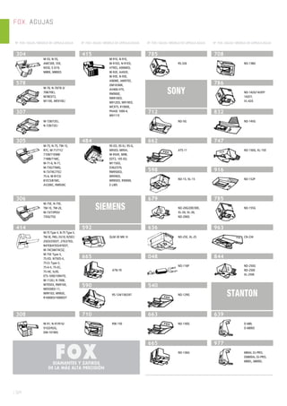 AGUJAS
Nº. FOX / AGUJA / MODELO DE CÁPSULA-AGUJA Nº. FOX / AGUJA / MODELO DE CÁPSULA-AGUJA Nº. FOX / AGUJA / MODELO DE CÁPSULA-AGUJA Nº. FOX / AGUJA / MODELO DE CÁPSULA-AGUJA
FOX. AGUJAS
| 524
304
M-55, N-55,
AMC50E, 55E,
N55E, E-D19,
M80E, M80ED
578
M-70, N-70/70-3/
70B/70EJ,
M78EDT2,
M110E, ME910EJ
307
M-72B/72EJ,
N-72B/72EJ
305
M-75, N-75, TM-1S,
R7C, M-71/71C/
71EB/71EMB/
71MB/71MC,
M-71-6, N-71,
M-73G/73MG,
N-73/74C/75C/
75-6, M-81CS/
81ECS/81MC,
AV200C, RM930C
306
M-75E, N-75E,
TM-1E, TM-2E,
M-73/73PED/
73SG/75G
414
M-75 Type II, N-75 Type II,
TM-3E, P4EJ, DU10, R25EC/
25ED/25EDT, 27E/27ED,
R47EB/47ED/47EDT,
M-74CSM/74CSZ,
M-75E Type II,
75-ED, N75ED-II,
75-EJ Type II,
75-6-II, 75-EC,
75-HE, SL95,
ETS-109E/109HTE,
M-112EJ, R-700E,
M705EX, RM910E,
ME930ED-11,
M991ED, M992E,
R1000ED/1000EDT
308
M-91, N-91/91G/
91GD/92G,
DM-101MG
415
M-91E, N-91E,
M-91ED, N-91ED,
HT9ES, A90MED,
M-92E, AA92E,
M-93E, N-93E,
A96ME, AM97EE,
DM103ME,
AV400-HTE,
RM900E,
RM910ED,
M912ED, M919ED,
WC975, R1000E,
PHASE 1000-4,
M9111E
484
95-ED, 95-EJ, 95-G,
N95ED, M95H,
M-95HE, M98,
EDT2, 105-ED,
M115ED,
D362/370,
RM950ED,
M959ED,
M995ED, R9000E,
E-LWS
SIEMENS
592
QLM-30 MK III
665
ATN-70
590
RS-124/130/247
710
RW-150
785
RS-326
SONY
712
ND-5G
662
ATS-11
598
ND-15, XL-15
679
ND-20G/20E/30E,
XL-20, XL-30,
ND-200G
636
ND-25E, XL-25
048
ND-116P
540
ND-129G
663
ND-130G
665
ND-136G
708
ND-138G
786
ND-142G/142EP/
142EY,
VL-42G
832
ND-145G
747
ND-150G, XL-150
916
ND-152P
785
ND-155G
963
CN-234
844
ND-250G
ND-250E
XL-250E
STANTON
639
D-680,
D-680EE
977
680AL DJ-PRO,
D6800AL DJ-PRO,
680EL, 6800EL
 