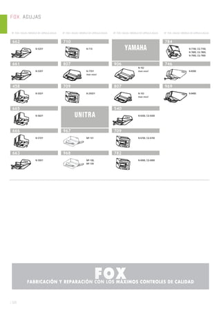 Nº. FOX / AGUJA / MODELO DE CÁPSULA-AGUJA Nº. FOX / AGUJA / MODELO DE CÁPSULA-AGUJA Nº. FOX / AGUJA / MODELO DE CÁPSULA-AGUJA Nº. FOX / AGUJA / MODELO DE CÁPSULA-AGUJA
FOX. AGUJAS
| 526
662
N-52DY
661
N-53DY
458
N-55DY
665
N-56DY
666
N-57DY
663
N-59DY
710
N-71D
807
N-77DY
Imán móvil
709
N-293DY
UNITRA
967
MF-101
968
MF-100,
MF-104
YAMAHA
906
N-102
Imán móvil
807
N-103
Imán móvil
540
N-6500, CG-6500
709
N-6700, CG-6700
782
N-6900, CG-6900
784
N-7700, CG-7700,
N-7800, CG-7800,
N-7900, CG-7900
746
N-8300
969
N-8400
 