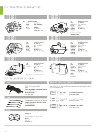 Mod. 2360-12
12 mm
Mod. 2360-9
9 mm
Mod. 2360-16
16 mm
| 528
FOX. FONOCÁPSULAS MAGNÉTICAS
FOX. ACCESORIOS DE AUDIO
4012-DST-W
4012-DST-E
Fox MAGNÉTICA ESTÉREO
4012 20-20.000 Hz
Shure 5 mV 1 KHz 5 cm/s
M-91 1-2 g
M-92 Diamante:
M-93-ED W: 0’6 mil”-15 µ
E: 0’2x0’7 mil”- 5x18 µ
4024-DST-W
4024-DST-E
Fox MAGNÉTICA ESTÉREO
4024 20-20.000 Hz
Shure 5 mV 1 KHz 5 cm/s
M75B 1-3 g
(TYPE II) Diamante:
M75EJ W: 0’6 mil”-15 µ
(TYPE II) E: 0’4 x 0’7 mil”- 10x18 µ
4030-DST-W
4030-DST-E
Fox MAGNÉTICA ESTÉREO
4030 20-20.000 Hz
Amstrad 4 mV 1 KHz 3’54 cm/s
4-5 g
Diamante:
W: 0’6 mil”-15 µ
E: 0’4 x 0’7 mil” - 10x18 µ
Sujeción a concha por tornillo superior.
4032-DST-W
4032-DST-E
Fox MAGNÉTICA ESTÉREO
4032 20-20.000 Hz
Audio Technica 4 mV 1 KHz 5 cm/s
AT-101P 1-2 g
AT-3472P Diamante:
AT-3482P W: 0’6 mil”-15 µ
AT-3492P
Serie P. mount universal
Cápsula enchufable
4034-DST-W
4034-DST-E
Fox MAGNÉTICA ESTÉREO
4034 20-20.000 Hz
Audio Technica 3’5 mV 1 KHz 5 cm/s
AT-90/91/94 1’5-2’5 g
AT-3600/C/L Diamante:
AT-3601/E W: 0’6 mil”-15 µ
AT-3650/C/L E: 0’3 x 0’7 mil” - 8x18 µ
AT-3651/E
AT-3652/E
4044-DST-W
4044-DST-E
Fox MAGNÉTICA ESTÉREO
4044 20-20.000 Hz
Sistema de 3’5 mV 1 KHz 5 cm/s
conexión por 1’5-2’5 g
cables con Diamante:
terminales W: 0’6 mil”-15 µ
de conexión E: 0’3 x 0’7 mil” - 8x18 µ
rápida.
Nagaoka
C-711/C-721
2341
Concha “shell” profesional metálica
estéreo.
Especial para adaptación de fonocápsulas magnéticas
a brazos profesionales o semi.
Medidas de norma EIA.
Color: negro mate.
2361
Juego de 4 cablecillos con terminales para instalación
y repuesto de fonocápsulas magnéticas en concha
“shell” portacápsulas.
4 colores normalizados.
2322
Centrador-45
Centrador cilíndrico para discos de 17 cm,
45 r.p.m.
Color: marfil.
En blister de 10 u.
2360-9 / 2360-12 / 2360-16
Juegos de 10 tornillos con tuercas y arandelas para instalación y repuesto de fonocápsulas magnéticas
en concha “shell” portacápsulas.
10 tornillos de 9 mm de longitud
con tuercas y arandelas.
10 tornillos de 12 mm de longitud
con tuercas y arandelas.
10 tornillos de 16 mm de longitud
con tuercas y arandelas.
 