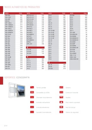 SOPORTES. ICONOGRAFÍA
MOD PAG MOD PAG MOD PAG MOD PAG
WA-22A 322
WA-4100 321
WA-56R 322
WM-40 320
WP-148CJ 317
WP-149MCH 317
WP-150MCH 316
WP-194CJ 317
WP-195MCH 317
WP-220MCH 316
WP-31UC 319
WP-32U 319
WP-33J 318
WP-34V 318
WP-35T 318
WP-36J 318
WP-37H 318
WP-38K 318
WP-39X 318
WP-42R 318
WP-43R 318
WP-44S 318
WP-45UB 319
WP-46H 318
WP-47U 319
WP-48P 319
WP-49RJ 319
WP-50I 319
WP-51V 318
WP-51V-10 319
WP-51V-15 319
WP-51V-20 319
WP-51V-5 319
WP-52JVJ 318
WP-53UC2 319
WP-61VJ 316
WP-62CJ 316
WP-80CJ 322
WP-85CJ 317
WP-86MCH 317
WP-87T 318
WP-88T2 318
WP-89MCH 316
WPB-4 317
WPL-401 316
X
X-2140 212
X-3120 212
XO-324 174
Y
YH-1 287
YH-11 287
YH-14 287
YH-15 287
YH-16 287
YH-2 287
YH-3 287
YH-4 287
YH-6 287
YS-1 288
YS-10 288
YS-11 288
YS-12 288
YS-14 288
YS-15-AM 288
YS-15-AZ 288
YS-15-NE 288
YS-15-RO 288
YS-15-VE 288
YS-16 288
YS-17 288
YS-18 288
YS-2 288
YS-3 288
YS-4 288
YS-5 288
YS-6 288
YS-7 288
YS-8 288
YS-9 288
Z
ZA-16 202
ZA-20 202
ZA-525 213
ZA-539 213
ZO-2 460
ZO-3 460
ZO-4 460
ZO-5 460
ZO-6 460
ZO-7 460
ZO-8 460
ZS-11 54
ZS-1500 51
ZS-2000-EN 48
ZS-2000M 48
ZS-2000SO-C 52
ZS-2000SO-S 52
ZS-200M 49
ZS-200P 49
ZS-200RK 49
ZS-200SO-SP 52
ZS-2250 51
ZS-4125 50
ZS-4328IO 50
ZSC-1110 54
ZSM-1040 56
ZSM-2030-SO 55
ÍNDICE ALFABÉTICO DE PRODUCTOS
| 542
Tamaño pantalla
Compatible con VESA
Orientable horizontalmente
Inclinable verticalmente
Inclinable lateralmente
Ajustable horizontalmente
Giratorio
Corrección horizontal
Abatible
Peso máximo soportado
Nivel de burbuja
Sistema de seguridad
VESA
90º
LEVEL
 