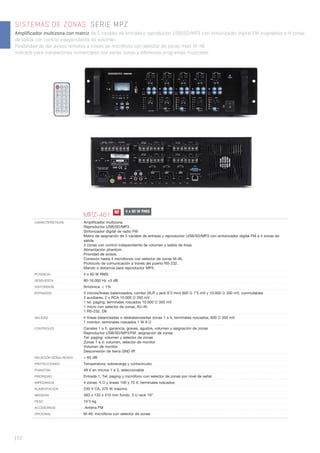 SISTEMAS DE ZONAS. SERIE MPZ
Amplificador multizona con matriz de 5 canales de entrada y reproductor USB/SD/MP3 con sintonizador digital FM asignables a 4 zonas
de salida con control independiente de volumen.
Posibilidad de dar avisos remotos a través de micrófono con selector de zonas mod. M-46.
Indicado para instalaciones comerciales con varias zonas y diferentes programas musicales.
| 62
MPZ-461
CARACTERÍSTICAS Ampliﬁcador multizona.
Reproductor USB/SD/MP3.
Sintonizador digital de radio FM.
Matriz de asignación de 5 canales de entrada y reproductor USB/SD/MP3 con sintonizador digital FM a 4 zonas de
salida.
4 zonas con control independiente de volumen y salida de línea.
Alimentación phantom.
Prioridad de avisos.
Conexión hasta 4 micrófonos con selector de zonas M-46.
Protocolo de comunicación a través del puerto RS-232.
Mando a distancia para reproductor MP3.
POTENCIA 4 x 60 W RMS
RESPUESTA 80-16.000 Hz ±3 dB
DISTORSIÓN Armónica: < 1%
ENTRADAS 3 micros/líneas balanceados, combo (XLR y jack 6’3 mm) 600 Ω 7’5 mV y 10.000 Ω 350 mV, conmutables
2 auxiliares, 2 x RCA 10.000 Ω 350 mV
1 tel. paging, terminales roscados 10.000 Ω 350 mV
1 micro con selector de zonas, RJ-45
1 RS-232, D9
SALIDAS 4 líneas balanceadas o desbalanceadas zonas 1 a 4, terminales roscados, 600 Ω 350 mV
1 monitor, terminales roscados 1 W 8 Ω
CONTROLES Canales 1 a 5: ganancia, graves, agudos, volumen y asignación de zonas
Reproductor USB/SD/MP3/FM: asignación de zonas
Tel. paging: volumen y selector de zonas
Zonas 1 a 4: volumen, selector de monitor
Volumen de monitor
Desconexión de tierra GND lift
RELACIÓN SEÑAL/RUIDO > 65 dB
PROTECCIONES Temperatura, sobrecarga y cortocircuito
PHANTOM 48 V en micros 1 a 3, seleccionable
PRIORIDAD Entrada 1, Tel. paging y micrófono con selector de zonas por nivel de señal
IMPEDANCIA 4 zonas: 4 Ω y líneas 100 y 70 V, terminales roscados
ALIMENTACIÓN 230 V CA, 375 W máximo
MEDIDAS 483 x 133 x 410 mm fondo. 3 U rack 19”
PESO 15’5 kg
ACCESORIOS Antena FM
OPCIONAL M-46: micrófono con selector de zonas
4 x 60 W RMSN!
 