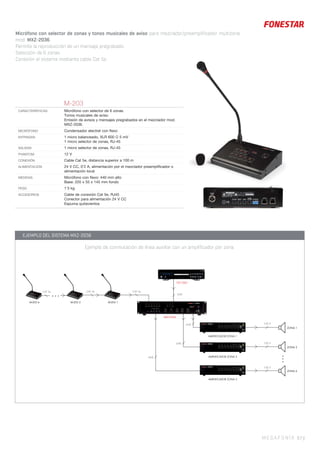 MEGAFONÍA 67 |
Micrófono con selector de zonas y tonos musicales de aviso para mezclador/preamplificador multizona
mod. MXZ-2036.
Permite la reproducción de un mensaje pregrabado.
Selección de 6 zonas.
Conexión al sistema mediante cable Cat 5e.
M-203
CARACTERÍSTICAS Micrófono con selector de 6 zonas.
Tonos musicales de aviso.
Emisión de avisos y mensajes pregrabados en el mezclador mod.
MXZ-2036.
MICRÓFONO Condensador electret con ﬂexo
ENTRADAS 1 micro balanceado, XLR 600 Ω 5 mV
1 micro selector de zonas, RJ-45
SALIDAS 1 micro selector de zonas, RJ-45
PHANTOM 12 V
CONEXIÓN Cable Cat 5e, distancia superior a 100 m
ALIMENTACIÓN 24 V CC, 0’2 A, alimentación por el mezclador preampliﬁcador o
alimentación local
MEDIDAS Micrófono con ﬂexo: 440 mm alto
Base: 220 x 55 x 145 mm fondo
PESO 1’3 kg
ACCESORIOS Cable de conexión Cat 5e, RJ45
Conector para alimentación 24 V CC
Espuma quitavientos
LINE
LINE
LINE
LINE
100 V
100 V
100 V
ZONA 1
ZONA 2
ZONA 6
...
MXZ-2036
CD-150U
AMPLIFICADOR ZONA 1
AMPLIFICADOR ZONA 2
AMPLIFICADOR ZONA 3
CAT 5e
M-203 1M-203 2M-203 6
...
CAT 5eCAT 5e
EJEMPLO DEL SISTEMA MXZ-2036
Ejemplo de conmutación de línea auxiliar con un amplificador por zona.
 