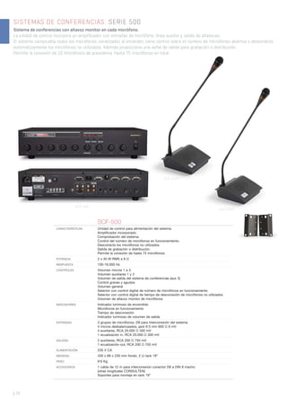 SCF-500
SCF-510P
| 72
SISTEMAS DE CONFERENCIAS. SERIE 500
Sistema de conferencias con altavoz monitor en cada micrófono.
La unidad de control incorpora un amplificador con entradas de micrófono, línea auxiliar y salida de altavoces.
El sistema comprueba todos los micrófonos conectados al encender, tiene control sobre el número de micrófonos abiertos y desconecta
automáticamente los micrófonos no utilizados. Además proporciona una señal de salida para grabación o distribución.
Permite la conexión de 10 micrófonos de presidente, hasta 75 micrófonos en total.
SCF-500
CARACTERÍSTICAS Unidad de control para alimentación del sistema.
Ampliﬁcador incorporado.
Comprobación del sistema.
Control del número de micrófonos en funcionamiento.
Desconecta los micrófonos no utilizados.
Salida de grabación o distribución.
Permite la conexión de hasta 75 micrófonos.
POTENCIA 2 x 40 W RMS a 8 Ω
RESPUESTA 100-16.000 Hz
CONTROLES Volumen micros 1 a 3
Volumen auxiliares 1 y 2
Volumen de salida del sistema de conferencias (aux 3)
Control graves y agudos
Volumen general
Selector con control digital de número de micrófonos en funcionamiento
Selector con control digital de tiempo de desconexión de micrófonos no utilizados
Volumen de altavoz monitor de micrófonos
INDICADORES Indicador luminoso de encendido
Micrófonos en funcionamiento
Tiempo de desconexión
Indicador luminoso de volumen de salida
ENTRADAS 3 grupos de micrófonos, D9 para interconexión del sistema
4 micros desbalanceados, jack 6’3 mm 600 Ω 6 mV
4 auxiliares, RCA 20.000 Ω 300 mV
1 ecualización in, RCA 20.000 Ω 300 mV
SALIDAS 2 auxiliares, RCA 200 Ω 750 mV
1 ecualización out, RCA 200 Ω 750 mV
ALIMENTACIÓN 230 V CA
MEDIDAS 430 x 89 x 230 mm fondo. 2 U rack 19”
PESO 6’6 Kg
ACCESORIOS 1 cable de 12 m para interconexión conector D9 a DIN 8 macho
(otras longitudes CONSULTEN)
Soportes para montaje en rack 19”
SCF-520D
 