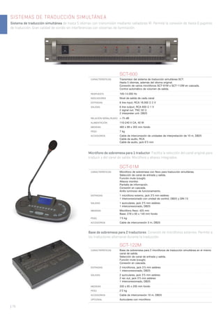 SISTEMAS DE TRADUCCIÓN SIMULTÁNEA
Sistema de traducción simultánea de hasta 5 idiomas con transmisión mediante radiadores IR. Permite la conexión de hasta 6 pupitres
de traducción. Gran calidad de sonido sin interferencias con sistemas de iluminación.
| 76
Micrófono de sobremesa para 1 traductor. Facilita la selección del canal original para
traducir y del canal de salida. Micrófono y altavoz integrados.
Base de sobremesa para 2 traductores. Conexión de micrófonos externos. Permite a
los traductores alternarse durante la traducción.
SCT-600
CARACTERÍSTICAS Transmisor del sistema de traducción simultánea SCT.
Hasta 5 idiomas, además del idioma original.
Conexión de varios micrófonos SCT-61M o SCT-112M en cascada.
Control automático de volumen de salida.
RESPUESTA 100-14.000 Hz
INDICADORES Nivel de salida de cada canal
ENTRADAS 6 line input, RCA 18.000 Ω 2 V
SALIDAS 6 line output, RCA 600 Ω 1 V
2 signal out, TNC 50 Ω
2 interpreter unit, DB25
RELACIÓN SEÑAL/RUIDO > 75 dB
ALIMENTACIÓN 110-240 V CA, 40 W
MEDIDAS 483 x 89 x 355 mm fondo
PESO 7 kg
ACCESORIOS Cable de interconexión de unidades de interpretación de 10 m, DB25
Cable de audio, RCA
Cable de audio, jack 6’3 mm
SCT-122M
CARACTERÍSTICAS Base de sobremesa para 2 micrófonos de traducción simultánea en el mismo
canal de salida.
Selección de canal de entrada y salida.
Función mute (cough).
Conexión en cascada.
ENTRADAS 2 micrófonos, jack 3’5 mm estéreo
1 interconexionado, DB25
SALIDAS 2 auriculares, jack 3’5 mm estéreo
2 rec out, jack 3’5 mm estéreo
1 interconexionado, DB25
MEDIDAS 330 x 65 x 200 mm fondo
PESO 2’2 kg
ACCESORIOS Cable de interconexión 10 m, DB25
OPCIONAL Auriculares con micrófono
SCT-61M
CARACTERÍSTICAS Micrófono de sobremesa con ﬂexo para traducción simultánea.
Selección de canal de entrada y salida.
Función mute (cough).
Altavoz monitor.
Pantalla de información.
Conexión en cascada.
Anillo luminoso de funcionamiento.
ENTRADAS 1 micrófono externo, jack 3’5 mm estéreo
1 interconexionado con unidad de control, DB25 y DIN 13
SALIDAS 1 auriculares, jack 3’5 mm estéreo
1 interconexionado, DB25
MEDIDAS Micrófono ﬂexo: 425 mm
Base: 278 x 65 x 140 mm fondo
PESO 1’5 kg
ACCESORIOS Cable de interconexión 3 m, DB25
 