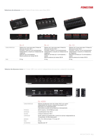 MEGAFONÍA 87 |
SL-2 SL-4 SL-10
CARACTERÍSTICAS Selector de 2 vías mono para 2 líneas de
altavoces de línea 100 V.
Convierte 1 línea en 2 con funcionamiento
independiente o conjunto en instalaciones de
megafonía.
Selección por conmutadores.
Máxima potencia de manejo 200 W.
Selector de 4 vías mono para 4 líneas de
altavoces de línea 100 V.
Convierte 1 línea en 4 con funcionamiento
independiente o conjunto en instalaciones de
megafonía.
Selección de líneas por 4 conmutadores +
master.
Máxima potencia de manejo 200 W.
Selector de 10 vías mono para 10 líneas de
altavoces de línea 100 V.
Convierte 1 línea en 10 con funcionamiento
independiente o conjunto en instalaciones
de megafonía.
Selección de líneas por 10 conmutadores +
master.
Máxima potencia de manejo 200 W.
PESO 0’4 kg 0’4 kg 0’5 kg
Selectores de altavoces desde 2 hasta 10 vías mono, para línea 100 V.
SL-400V
CARACTERÍSTICAS Selector de altavoces mono de 4 líneas 100 V con control
independiente de volumen y selector de entrada A o B.
Atenuación con autotransformador.
Cada salida se puede activar/desactivar individualmente.
POTENCIA 300 W máximo, 150 W RMS por canal
ENTRADAS 2 ampliﬁcadores línea 100 V
SALIDAS 4 líneas de altavoces 100 V
CONTROLES On/off, selector de entrada A/B y control de volumen independiente de
12 posiciones, 42 dB de atenuación
MEDIDAS 432 x 76 x 190 mm fondo. 1’7 U rack 19”
PESO 2’8 kg
ACCESORIOS Soportes rack 19”
Selector de altavoces mono de 4 líneas 100 V con control independiente de volumen y selección de entrada.
 