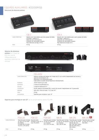 Selector de altavoces
estéreo de 4 líneas de
8 Ω con control
independiente de
volumen y selección de
entrada.
EQUIPOS AUXILIARES. ACCESORIOS
Selectores de altavoces estéreo.
| 88
FSA-20 FSA-22 FSA-28 MA-N MA-2N MA-3N
CARACTERÍSTICAS Soportes para montaje
en rack 19” los mods.
FS-2002M,
FS-2005-SR, FS-2061,
FS-2121 y FS-2241E.
Soportes para
montaje en rack 19” el
mod. FS-2481E.
Soportes para montaje
en rack 19” aparatos
con medidas
272 x 44’5 mm alto.
Soportes para montaje
en rack 19” de equipos
con medidas
433 x 89 mm alto
Soportes para montaje
en rack 19” los mods.
MA-66, MA-125,
MA-125Z, MA-125GU,
MA-245, MA-245Z y
MA-245GU.
Soportes para montaje
en rack 19” el mod.
MA-45RU.
PESO 0’2 kg 0’3 kg 0’2 kg 0’2 kg 0’2 kg 0’6 kg
Soportes para montaje en rack 19’’ de los amplificadores series FS y MA.
CB-2 CB-4
CARACTERÍSTICAS Selector de 2 vías estéreo para dos parejas de baﬂes.
Convierte 1 salida en 2.
Selección por conmutadores.
Conexión por terminales a presión.
Para altavoces de baja Z 4-8 Ω
Selector de 4 vías estéreo para cuatro parejas de baﬂes.
Convierte 1 salida en 4.
Selección por conmutadores.
Conexión por terminales a presión.
Para altavoces de baja Z 8 Ω
PESO 0’4 kg 0’5 kg
CB-400V
CARACTERÍSTICAS Selector de altavoces estéreo de 4 líneas de 8 Ω con control independiente de volumen y
selección de entrada A o B.
Atenuación con autotransformador.
Cada salida se puede activar/desactivar individualmente.
POTENCIA 100 W máximo por canal
ENTRADAS 2 líneas de ampliﬁcador 8 Ω
SALIDAS 4 líneas de altavoces 8 Ω
CONTROLES On/off, selector de entrada A/B y control de volumen independiente de 12 posiciones
MEDIDAS 430 x 58 x 158 mm fondo. 1’5 U rack 19”
PESO 2’8 kg
ACCESORIOS Soportes para montaje en rack 19”
N!
 