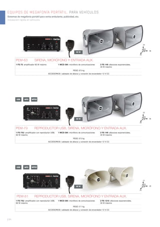 | 94
EQUIPOS DE MEGAFONÍA PORTÁTIL. PARA VEHÍCULOS
Sistemas de megafonía portátil para venta ambulante, publicidad, etc.
Instalación rápida en vehículos.
60 W
60 W
60 W
PEM-63 SIRENA, MICRÓFONO Y ENTRADA AUX.
1 FS-70: ampliﬁcador 60 W máximo 1 MCD-364: micrófono de comunicaciones 2 FE-149: altavoces exponenciales,
40 W máximo
PESO: 6’5 kg
ACCESORIOS: cableado de altavoz y conexión de encendedor 12 V CC
PEM-79 REPRODUCTOR USB, SIRENA, MICRÓFONO Y ENTRADA AUX.
1 FS-75U: ampliﬁcador con reproductor USB,
60 W máximo
1 MCD-364: micrófono de comunicaciones 2 FE-149: altavoces exponenciales,
40 W máximo
PESO: 6’5 kg
ACCESORIOS: cableado de altavoz y conexión de encendedor 12 V CC
PEM-81 REPRODUCTOR USB, SIRENA, MICRÓFONO Y ENTRADA AUX.
1 FS-75U: ampliﬁcador con reproductor USB,
60 W máximo
1 MCD-364: micrófono de comunicaciones 2 FE-1210: altavoces exponenciales,
30 W máximo
PESO: 5’1 kg
ACCESORIOS: cableado de altavoz y conexión de encendedor 12 V CC
36
23
34
29
36
21
23
26
34
USB MP3 MPEG
USB MP3 MPEG
 