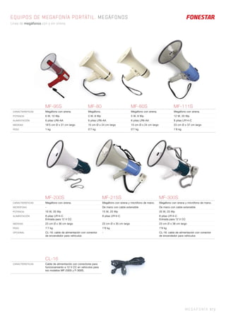 MEGAFONÍA 97 |
EQUIPOS DE MEGAFONÍA PORTÁTIL. MEGÁFONOS
Línea de megáfonos con y sin sirena.
CL-16
CARACTERISTICAS Cable de alimentación con conectores para
funcionamiento a 12 V CC en vehículos para
los modelos MF-200S y F-300S.
MF-200S MF-215S MF-300S
CARACTERÍSTICAS Megáfono con sirena. Megáfono con sirena y micrófono de mano. Megáfono con sirena y micrófono de mano.
MICRÓFONO - De mano con cable extensible De mano con cable extensible
POTENCIA 16 W, 20 Wp 15 W, 25 Wp 20 W, 25 Wp
ALIMENTACIÓN 8 pilas LR14-C
Entrada para 12 V CC
8 pilas LR14-C 8 pilas LR14-C
Entrada para 12 V CC
MEDIDAS 23 cm Ø x 36 cm largo 23 cm Ø x 35 cm largo 23 cm Ø x 38 cm largo
PESO 1’7 kg 1’8 kg 1’9 kg
OPCIONAL CL-16: cable de alimentación con conector
de encendedor para vehículos
- CL-16: cable de alimentación con conector
de encendedor para vehículos
MF-95S MF-80 MF-80S MF-111S
CARACTERÍSTICAS Megáfono con sirena. Megáfono. Megáfono con sirena. Megáfono con sirena.
POTENCIA 6 W, 10 Wp 5 W, 8 Wp 5 W, 8 Wp 12 W, 20 Wp
ALIMENTACIÓN 6 pilas LR6-AA 6 pilas LR6-AA 6 pilas LR6-AA 8 pilas LR14-C
MEDIDAS 18’5 cm Ø x 31 cm largo 15 cm Ø x 24 cm largo 15 cm Ø x 24 cm largo 23 cm Ø x 37 cm largo
PESO 1 kg 0’7 kg 0’7 kg 1’6 kg
 