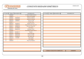 Nº ITEM CÓDIGO REFERÊNCIA Nº ITEM CÓDIGO REFERÊNCIA
1 220000064 -
2 210000539 -
3 200000083 PF88040830
4 200000284 PF88042040
5 200000100 AR9000821
6 220000173 -
7 200000146 PF88065855
8 200000147 AR9001650
9 200000135 PO80800558
10 200000343 AN73000073
11 200000341 RO86033207
12 210000899 -
13 200000342 RE84005157
14 200000106 GR95060102
15 200000178 AR90203848
16 200000332 PI92000630
17 210001324 PA350001
18 220000115 -
19 210000544 -
CÓDIGO CONJUNTO COMPLETO: 240000098
Parafuso Cravo 5/8"
Arruela De Pressão Cônica 5/8"
Porca SX. Cônica 5/8"
Anel Elástico
Rolamento Cônico
Eixo Rodado Simétrico Rev.01
Retentor
Graxeira Reta M8
Arruela Lisa M20
Pino Elástico M6
Cubo Fundido
Cubo Soldado
Porca Eixo Simétrico
Arruela Trava Rodado
Parafuso SX M8x30
Parafuso SX M20x40
Arruela Lisa M8
Cj. Roda e Pneu
DENOMINAÇÃO
DENOMINAÇÃO
Cj. Suporte Rodado Simétrico
CONJUNTO RODADO SIMÉTRICO VERSÃO:2018
19
 