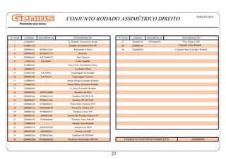 Nº ITEM CÓDIGO REFERÊNCIA Nº ITEM CÓDIGO REFERÊNCIA
1 220000031 - 27 200000332 PI92000630
2 210001152 - 28 220000116 -
3 200000341 RO86033207 29 220000094 -
4 200000342 RE84005157
5 200000343 AN73000073
6 21001324 PA350001
7 210000545 -
8 220000173 -
9 210001588 PA250031
10 200000249 PA250153
11 210000543 -
12 210000542 -
13 220000094 -
14 200000248 AR90120000
15 200000166 PF88041250
16 200000247 PF88041260
17 200000246 PO80800412
18 200000135 PO80800558
19 200000146 PF88065855
20 200000147 AR9001650
21 200000439 PF80800840
22 210000539 -
23 200000179 AR90203848
24 200000100 AR9000821
25 200000284 PF88042040
26 200000200 PF88040820
DENOMINAÇÃO
DENOMINAÇÃO
Cj. Rodado Assimetrico direito Pino Elástico M6
CONJUNTO RODADO ASSIMÉTRICO DIREITO
Rodado Assimétrico Rev.00
Rolamento Cônico
Retentor
Anel Elástico
Cubo Fundido
Porca Eixo Assimétrico Nova
Cj. Roda e Pneu
Engrenagem do Rodado
Arruela De Pressão Cônica 5/8"
Parafuso Allen M8x40
Engrenagem Tensora
Bucha Menor Esticador Rodado
Bucha Maior Esticador Rodado
Cj. Base Esticador Rodado
Arruela Lisa M12
Parafuso SX M12x50
Parafuso SX M12x60
Porca Auto-Travante M12
Porca SX. Cônica 5/8"
Parafuso Cravo 5/8"
Arruela Trava Rodado
Arruela Lisa M20
Arruela Lisa M8
Parafuso SX M20x40
Parafuso Sextavado M8x20
Conjunto Cubo Rodado
Conjunto Base Esticador Rodado
CÓDIGO CONJUNTO COMPLETO: 240000092
VERSÃO:2018
23
 