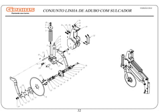 29
14
11
37
37
23
23
17 15
22
20
19
36
31
18
16
31
36
12
22
19
20
30
29
14
13
21
25
26
27
10
2
28
5
4
3
1
24
6
7
9
8
38
35
33
34
34
33
35
32
39
VERSÃO:2018
32
CONJUNTO LINHA DE ADUBO COM SULCADOR
 