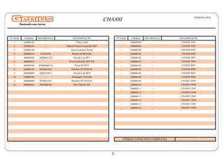 Nº ITEM CÓDIGO REFERÊNCIA Nº ITEM CÓDIGO REFERÊNCIA
1 230000183 - - 240000099 -
2 220000189 - - 240000094 -
3 220000188 - - 240000100 -
4 200000334 PA450186 - 240000101 -
5 200000209 AR90001224 - 240000102 -
6 200000214 - - 240000103 -
7 200000300 PO808000310 - 240000104 -
8 200000103 PF88041025 - 240000105 -
9 200000009 AR90102015 - 240000106 -
10 230000184 - - 240000108 -
11 200000008 PF88041035 - 240000109 -
12 200000261 PI92000540 - 240000110 -
- 240000111 -
- 240000112 -
- 240000113 -
- 240000114 -
- 240000115 -
- 240000116 -
DENOMINAÇÃO
DENOMINAÇÃO
Chassi solda CHASSI 5045
CHASSI
Suporte Passeio Esquerda GDP
Suporte passeio direita
Batente de Borracha
Arruela Lisa M12
Porca Sextavado DIN 934
Porca SX M10
Parafuso SX M10x20
Arruela Lisa M10
Montagem Corrimão
Parafuso SX M10x35
Pino Elástico M5
CHASSI 5050
CHASSI 6045
CHASSI 6050
CHASSI 7045
CHASSI 10050
CHASSI 7050
CHASSI 8045
CHASSI 8050
CHASSI 9045
CHASSI 9050
CHASSI 10045
CHASSI 11045
CHASSI 11050
CHASSI 12045
CHASSI 12050
CHASSI 13045
CÓDIGO CONJUNTO COMPLETO: -
CHASSI 13050
VERSÃO:2018
3
 
