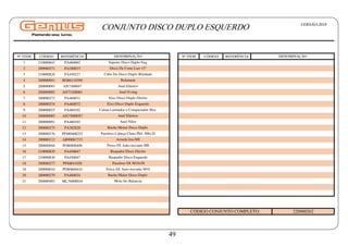 Nº ITEM CÓDIGO REFERÊNCIA Nº ITEM CÓDIGO REFERÊNCIA
1 210000843 PA460003
2 200000271 PA280015
3 210000828 PA450227
4 200000041 RO86110390
5 200000093 AN7300047
6 200000092 AN73100001
7 200000273 PA460031
8 200000274 PA460072
9 200000025 PA460102
10 200000085 AN73000057
11 200000091 PA460103
12 200000275 PA282828
13 200000276 PF880408252
14 200000112 AR90081715
15 200000044 PO80800408
16 210000829 PA450047
17 210000830 PA450047
18 200000277 PF88041050
19 200000010 PO80800410
20 200000279 PA460034
21 200000403 ML76000016
CÓDIGO CONJUNTO COMPLETO: 220000262
Eixo Disco Duplo Direito
Eixo Disco Duplo Esquerdo
Calota Limitador e Compactador Bicr.
Bucha Maior Disco Duplo
Mola Do Balancin
Anel Elástico
Anel Nilos
Bucha Menor Disco Duplo
Parafuso Cabeça Chata Phil. M8x20
Arruela lisa M8
Porca SX Auto-travante M8
Raspador Disco Direito
Raspador Disco Esquerdo
Parafuso SX M10x50
Porca SX Auto-travante M10
Disco De Corte Liso 15"
Cubo Do Disco Duplo Blindado
Rolament
Anel Elástico
Anel O-ring
DENOMINAÇÃO
DENOMINAÇÃO
Suporte Disco Duplo Esq.
CONJUNTO DISCO DUPLO ESQUERDO VERSÃO:2018
49
 