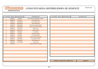 Nº ITEM CÓDIGO REFERÊNCIA Nº ITEM CÓDIGO REFERÊNCIA
1 200000257 PA450099
2 200000258 PA450037
3 210002142 PF85040040
4 200000106 GR95060102
5 200000043 PF88040880
6 200000192 PO80800008
7 200000253 PA210028
8 200000254 AR90314215
9 200000397 PA450066
10 200000259 PA460033
11 200000255 PA455002
12 210000795 PA450042
13 200000012 PI92050020
14 200000261 PI92000545
15 200000256 AN73100006
16 210001370 -
CÓDIGO CONJUNTO COMPLETO: 220000101
Bucha Igus
Arruela Lisa M31
Eixo Pinhão
Bucha guia cardan
Cj. Cruzeta CRP-23
Eixo SX Mesa Distribuição
Pino Elástico M5x20
Pino Elástico M5
Anel O-ring
Arruela Menor Eixo Pinhão
Coroa da Semente
Eixo Fixação Coroa
Graxeira Reta M8
Parafuso Sextavado M8x80
Porca sextavada DIN 934 M8
DENOMINAÇÃO
DENOMINAÇÃO
Mesa Suporte Distribuirdor Semente
CONJUNTO MESA DISTRIBUIDORA DE SEMENTE VERSÃO:2018
57
 