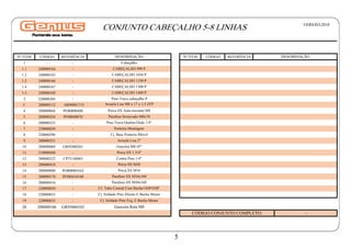 Nº ITEM CÓDIGO REFERÊNCIA Nº ITEM CÓDIGO REFERÊNCIA
1 - -
1.1 240000164 -
1.2 240000165 -
1.3 240000166 -
1.4 240000167 -
1.5 240000168 -
-
3 200000112 AR90081715
4 200000044 PO80800408
5 200000324 PF88040870
6 200000323 -
7 230000039 -
8 220000296 -
9 200000321 -
10 200000069 GR95080201
11 210000568 -
12 200000322 CP75140003
13 200000418 -
14 200000088 PO808004162
15 200000170 PF880416160
16 200000416 -
2 220000304
-
17 220000039 -
18 220000033 -
19 220000035 -
20 200000106 GR95060102
DENOMINAÇÃO
DENOMINAÇÃO
Cabeçalho
CONJUNTO CABEÇALHO 5-8 LINHAS
CABEÇALHO 990 P
CABEÇALHO 1030 P
CABEÇALHO 1150 P
CABEÇALHO 1300 P
CABEÇALHO 1400 P
Arruela Lisa M8 x 17 x 1,5 ZFP
Porca SX Auto-travante M8
Parafuso SX M16x160
Parafuso SX M30x160
Parafuso Sextavado M8x70
Pino Trava Quebra-Dedo 1/4"
Ponteira Montagem
Cj. Base Ponteira Móvel
Arruela Lisa 2"
Graxeira M8 45°
Porca SX 1.3/4"
Contra Pino 1/4"
Porca SX M30
Porca SX M16
Pino Trava cabeçalho P
CJ. Tubo Central Com Bucha GDP/GSP
Cj. Soldado Pino Direito E Bucha Menor
Cj. Soldado Pino Esq. E Bucha Menor
Graxeira Reta M8
CÓDIGO CONJUNTO COMPLETO: -
VERSÃO:2018
5
 