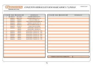 Nº ITEM CÓDIGO REFERÊNCIA Nº ITEM CÓDIGO REFERÊNCIA
1 200000224 HI721400G3
2 200000233 HI801312G3
3 200000299 HI809038
4 200000292 HI800238
5 200000298 HI803812
6 200000228 HI8050012
7 200000229 PA450123
8 200000384 HI80038
9 - HI80038
9.1 200000385 HI80038
9.2 200000385 HI80038
9.3 200000408 HI80038
9.4 200000407 HI80038
9.5 200000406 HI80038
9.6 200000385 HI80038
DENOMINAÇÃO
DENOMINAÇÃO
CILINDRO HIDRÁULICO 4"
CONJUNTO HIDRÁULICO SEM MARCADOR 5-7 LINHAS
CILINDRO HIDRÁULICO 3.1/2"
CURVA 90° FÊMEA 3/8"
CAPA CONEXÃO MANGUEIRA 3/8"
TERMINAL MACHO NPTF 3/8
ENGATE RÁPIDO MACHO 1/2"
CAMISA ENGATE RÁPIDO
MANGUEIRA 3 TRAMAS 3/8"
MANGUEIRA 3 TRAMAS 3/8"
MANGUEIRA 3 TRAMAS 3/8" - 5045
MANGUEIRA 3 TRAMAS 3/8" - 5050
MANGUEIRA 3 TRAMAS 3/8" - 6045
MANGUEIRA 3 TRAMAS 3/8" - 6050
MANGUEIRA 3 TRAMAS 3/8" - 7045
MANGUEIRA 3 TRAMAS 3/8" - 7050
CÓDIGO CONJUNTO COMPLETO: -
VERSÃO:2018
71
 