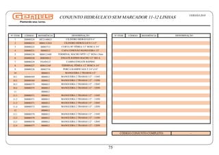 Nº ITEM CÓDIGO REFERÊNCIA Nº ITEM CÓDIGO REFERÊNCIA
1 200000224 HI721400G3
2 200000233 HI801312G3
3 200000225 HI803712
4 200000231 HI800212
5 200000230 HI801234M
6 200000228 HI8050012
7 200000229 PA450123
8 200000227 HI801234F
9 200000226 HI803734
10 - HI80012
10.1 200000369 HI80012
10.2 200000369 HI80012
10.3 200000375 HI80012
10.4 200000375 HI80012
11 - HI80012
11.1 200000371 HI80012
11.2 200000371 HI80012
11.3 200000371 HI80012
11.4 200000373 HI80012
12 - HI80012
12.1 200000379 HI80012
12.2 200000379 HI80012
12.3 200000378 HI80012
12.4 200000377 HI80012
CÓDIGO CONJUNTO COMPLETO: -
MANGUEIRA 2 TRAMAS 1/2" - 11050
MANGUEIRA 2 TRAMAS 1/2" - 12045
MANGUEIRA 2 TRAMAS 1/2" - 12050
CAMISA ENGATE RÁPIDO
TERMINAL FÊMEA 1/2" ROSCA 3/4"
PORCA RAMIFICADA T 3/4"x3/4"
MANGUEIRA 2 TRAMAS 1/2" - 11045
MANGUEIRA 2 TRAMAS 1/2"
MANGUEIRA 2 TRAMAS 1/2" - 11045
MANGUEIRA 2 TRAMAS 1/2" - 11050
MANGUEIRA 2 TRAMAS 1/2" - 12045
MANGUEIRA 2 TRAMAS 1/2" - 12050
MANGUEIRA 2 TRAMAS 1/2" - 11045
MANGUEIRA 2 TRAMAS 1/2" - 11050
MANGUEIRA 2 TRAMAS 1/2" - 12045
MANGUEIRA 2 TRAMAS 1/2" - 12050
CILINDRO HIDRÁULICO 3.1/2"
CURVA 90° FÊMEA 1/2" ROSCA 3/4"
CAPA CONEXÃO MANGUEIRA 1/2"
TERMINAL MACHO NPTF 1/2" M20x1.5mm
ENGATE RÁPIDO MACHO 1/2" ISO A
DENOMINAÇÃO
DENOMINAÇÃO
CILINDRO HIDRÁULICO 4"
CONJUNTO HIDRÁULICO SEM MARCADOR 11-12 LINHAS VERSÃO:2018
75
 