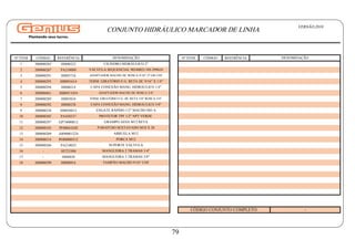 Nº ITEM CÓDIGO REFERÊNCIA Nº ITEM CÓDIGO REFERÊNCIA
1 200000285 HI800222
2 200000287 PA210009
3 200000291 HI803716
4 200000293 HI8091614
5 200000294 HI800214
6 200000461 HI80913434
7 200000289 HI803834
8 200000292 HI800238
9 200000228 HI8050012
10 200000305 PA450337
11 200000297 GP74000012
12 200000103 PF88041020
13 200000209 AR90001224
14 200000214 PO80800312
15 200000286 PA210023
16 - HI723300
17 - HI80038
18 200000290 HI800916
DENOMINAÇÃO
DENOMINAÇÃO
CILINDRO HIDRÁULICO 2"
CONJUNTO HIDRÁULICO MARCADOR DE LINHA
VÁLVULA SEQUENCIAL 90340021-NS-399616
ADAPTADOR MACHO JIC ROSCA 9/16" 37 GR UNF
TERM. GIRATÓRIO F.G. RETA JIC 9/16" X 1/4"
CAPA CONEXÃO MANG. HIDRÁULICO 1/4"
ADAPTADOR MACHO JIC ROSCA 3/4"
TERM. GIRATÓRIO F.G. JIC RETA 3/8" ROSCA 3/4"
CAPA CONEXÃO MANG. HIDRÁULICO 3/8"
ENGATE RÁPIDO 1/2" MACHO ISO A
PROTETOR TPF 1/2" NPT VERDE
GRAMPO AESA M12 RETA
PARAFUSO SEXTAVADO M10 X 20
ARRUELA M12
PORCA M12
SUPORTE VÁLVULA
MANGUEIRA 2 TRAMAS 1/4"
MANGUEIRA 3 TRAMAS 3/8"
TAMPÃO MACHO 9/16" UNF
CÓDIGO CONJUNTO COMPLETO: -
VERSÃO:2018
79
 