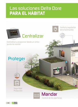 Las soluciones Delta Dore
                   PARA EL HÁBITAT

                                                                                  Control y regulación
                                                                                  de la iluminación


                                                   Centralizar
             Centralizar y programar desde un único
             punto de mando




               Proteger




                             Seguridad
                             Protección

                                                             Mandar
                                                             Control de las aperturas

              10



OK masson COM3700575-Catgeneral-ES-V2-OK.indd 10                                              02/08/2012 12:14:05
 