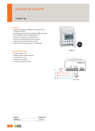Indicador de consumo

                          TYWATT 30


                    Funciones




                    Características técnicas



                                                                        Con contador electromecánico




                                                                              Alim.    Transform.
                                                                       H.V.   230 V    Intensidad    Tele-info
                                                            Contacto
                                                              H.V.




                                                                                      Fase a medir




                       Nombre                  Referencia
                       TYWATT 30



             102



OK masson COM3700575-Catgeneral-ES.indd 102                                                                      30/07/2012 18:01:46
 