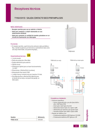 Receptores técnicos

                        TYXIA 6410 - SALIDA CONTACTO SECO POR IMPULSOS


                 MÁS VENTAJ A S
                 - Receptor previsto para uso en exterior o interior
                 - Ideal para remplazar o añadir telemandos en una




                                                                                                                                                                                     THERMIQUE
                   motorización existente
                 - Ideal para aumentar la cantidad de mandos pulsadores en un
                   circuito de iluminación con telerruptor



                 Funciones




                                                                                                                                                                                 AUTOMATISMOS
                                                                                                                                                                                 AUTOMATISMOS
                    El receptor permite, a partir de varios emisores radio portátiles o
                    ﬁjos, mandar la apertura y el cierre de un automatismo tales como
                    una verja motorizada, una puerta de garaje…
                                                                                                                          TYXIA 6410


                 Características técnicas
                    1 vía de mando
                    Índice de protección: IP44-IK04                                        TYXIA 6410 con verja              TYXIA 6410 con telerruptor
                    Tarjeta electrónica para exterior
                    Fijación mural
                    Temperatura óptima para un buen funcionamiento:
                                                                                                          Receptor                                      Receptor
                    -5 a 40ºC
                    Dimensiones: 120x54x25(sin la antena)
                    Alimentación fase neutro 230V                                         Contacto seco                                 Contacto seco
                                                                                          5 A resistivo                                 5 A resistivo
                    1 salida inversor contacto seco por impulsos 5 A máx
                    Paro/Marcha/Paro o Marcha/Paro/Marcha para                                             NC                                           NC

                    el mando de una verja, una puerta de garaje, un
                    telerruptor.




                                                                                                                Verja

                                                                                                                                       Telerruptor      A1


                                                                                                                                           A2




                                                                                           Complete su instalación
                                                                                               Emisores especíﬁcos:
                                                                                               – Emisor empotrado alim. por pila Tyxia 2620 o
                                                                                                 alim. 230V Tyxia 2700
                                                                                               – Interruptor radio Tyxia 231/233
                                                                                               – Telemandos llavero Tyxia 141, Tydom 140B
                                                                                               – Telemandos por estancia o por grupos Tyxia
                                                                                                                                                                    Receptores




                                                                                               – Pantallas táctiles Tyxia 3000 o Tydom 4000
                                                                                               Mandar por teléfono con:
                                                                                               – El telemando telefónico GSM Typhone 5 SV GSM
                 Nombre                                           Referencia                   – El telemando telefónico RTC Typhone 4 RF
                 TYXIA 6410                                       6351267



                                                                                                                                       133



OK masson COM3700575-Catgeneral-ES.indd 133                                                                                                                        31/07/2012 8:30:14
 