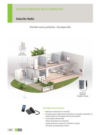 Control a distancia de la calefacción

                          Solución Radio

                                                   Viviendas nuevas y existentes - Tecnología radio




                                Receptor
                              Radio RF 640




                                                                                                                        Telemando
                                                                                                                         telefónico
                                                                                                                     TYPHONE 5 SV GSM
                                       Caldera




                                                                  Ventajas de la solución
                                                                     Ideal para instalaciones sin línea ﬁja
                                                                     No hay que pasar cables entre el transmisor y el receptor conectado a la
                                                                     caldera gracias a la tecnología radio de esta solución.
                                                                     La tecnología radio permite:
                                                                    - Ahorro de tiempo en la instalación
                                                                    - Añadir productos y accesorios al cabo de un tiempo
                                                                    - Sin daños en la decoración interior

              26



OK masson COM3700575-Catgeneral-ES-V2-OK.indd 26                                                                                        02/08/2012 12:15:26
 