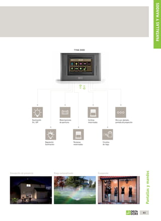 PANTALLAS Y MANDOS
                                                                               TYXIA 3000




                                 Iluminación                  Motorizaciones                 Cortinas                      Otro uso: ejemplo,
                                 On / Off                     de aperturas                   motorizadas                   pantalla de proyección




                                               Regulación                      Persianas                       Circuitos
                                               Iluminación                     motorizadas                     de riego
                                                                                                                                                         Pantallas y mandos




        Simulación de presencia                          Riego automatizado                                Escaparate




                                                                                                                                                    41



OK masson COM3700575-Catgeneral-ES.indd 41                                                                                                           31/07/2012 8:25:52
 