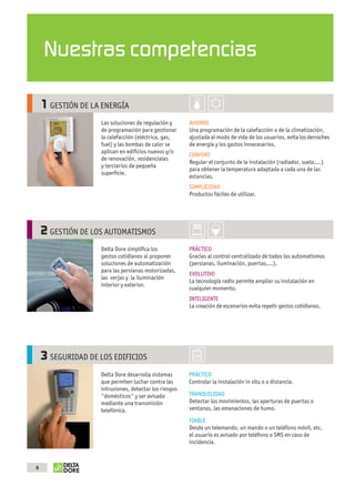 Nuestras competencias

                   1 GESTIÓN DE LA ENERGÍA
                                            Las soluciones de regulación y      AHORRO
                                            de programación para gestionar      Una programación de la calefacción o de la climatización,
                                            la calefacción (eléctrica, gas,     ajustada al modo de vida de los usuarios, evita los derroches
                                            fuel) y las bombas de calor se      de energía y los gastos innecesarios.
                                            aplican en ediﬁcios nuevos y/o
                                                                                CONFORT
                                            de renovación, residenciales
                                                                                Regular el conjunto de la instalación (radiador, suelo,...)
                                            y terciarios de pequeña
                                                                                para obtener la temperatura adaptada a cada una de las
                                            superﬁcie.
                                                                                estancias.
                                                                                SIMPLICIDAD
                                                                                Productos fáciles de utilizar.




                   2 GESTIÓN DE LOS AUTOMATISMOS
                                            Delta Dore simpliﬁca los            PRÁCTICO
                                            gestos cotidianos al proponer       Gracias al control centralizado de todos los automatismos
                                            soluciones de automatización        (persianas, iluminación, puertas,…).
                                            para las persianas motorizadas,
                                                                                EVOLUTIVO
                                            las verjas y la iluminación
                                                                                La tecnología radio permite ampliar su instalación en
                                            interior y exterior.
                                                                                cualquier momento.
                                                                                INTELIGENTE
                                                                                La creación de escenarios evita repetir gestos cotidianos.




                   3 SEGURIDAD DE LOS EDIFICIOS
                                            Delta Dore desarrolla sistemas      PRÁCTICO
                                            que permiten luchar contra las      Controlar la instalación in situ o a distancia.
                                            intrusiones, detectar los riesgos
                                            "domésticos" y ser avisado          TRANQUILIDAD
                                            mediante una transmisión            Detectar los movimientos, las aperturas de puertas o
                                            telefónica.                         ventanas, las emanaciones de humo.

                                                                                FIABLE
                                                                                Desde un telemando, un mando o un teléfono móvil, etc.
                                                                                el usuario es avisado por teléfono o SMS en caso de
                                                                                incidencia.



               6



OK masson COM3700575-Catgeneral-ES.indd 6                                                                                               30/07/2012 18:32:17
 