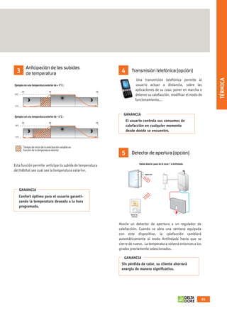 Anticipación de las subidas
          3           de temperatura                                      4          Transmisión telefónica (opción)




                                                                                                                                                                          TÉRMICA
                                                                                                 Una transmisión telefónica permite al
        Ejemplo con una temperatura exterior de + 5°C :                                          usuario actuar a distancia, sobre las
                 0h                        8h                       0h
                                                                                                aplicaciones de su casa: poner en marcha o
        19°C                                                                                    detener su calefacción, modiﬁcar el modo de
                                                                                                funcionamiento…
        17°C


                                                                            GANANCIA
        Ejemplo con una temperatura exterior de - 5°C :
                 0h                        8h                       0h
                                                                              El usuario controla sus consumos de
         19°C                                                                 calefacción en cualquier momento
                                                                              desde donde se encuentre.
         17°C



                  Tiempo de inicio de la anticipación variable en
                  función de la temperatura exterior
                                                                          5          Detector de apertura (opción)

                                                                                                           Salida abierta: paso de la zona 1 a Antihelada
        Esta función permite anticipar la subida de temperatura
        del hábitat sea cual sea la temperatura exterior.
                                                                                                                 MICRO COX




                GANANCIA
                Confort óptimo para el usuario garanti-
                                                                                 TYBOX




                zando la temperatura deseada a la hora                           1
                                                                                 2
                                                                                 3
                                                                                 4
                                                                                 5
                                                                                 6
                                                                                 7
                                                                                           ,

                programada.
                                                                                         AUTO
                                                                                                PROG
                                                                                                       i




                                                                                 Módulo de
                                                                                 ambiente




                                                                         Asocie un detector de apertura a un regulador de
                                                                         calefacción. Cuando se abra una ventana equipada
                                                                         con este dispositivo, la calefacción cambiará
                                                                         automáticamente al modo Antihelada hasta que se
                                                                         cierre de nuevo. La temperatura volverá entonces a los
                                                                         grados previamente seleccionados.

                                                                            GANANCIA
                                                                          Sin pérdida de calor, su cliente ahorrará
                                                                          energía de manera signiﬁcativa.




                                                                                                                                                            65



OK masson COM3700575-Catgeneral-ES.indd 65                                                                                                                  30/07/2012 18:41:47
 