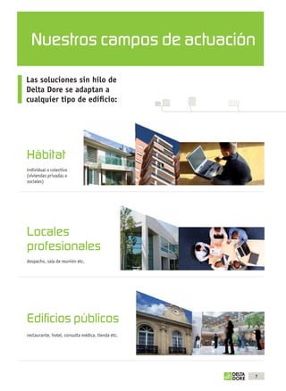 Nuestros campos de actuación

             Las soluciones sin hilo de
             Delta Dore se adaptan a
             cualquier tipo de ediﬁcio:




              Hábitat
              individual o colectivo
              (viviendas privadas o
              sociales)




              Locales
              profesionales
              despacho, sala de reunión etc.




              Ediﬁcios públicos
              restaurante, hotel, consulta médica, tienda etc.




                                                                 7



OK masson COM3700575-Catgeneral-ES.indd 7                        30/07/2012 18:32:20
 