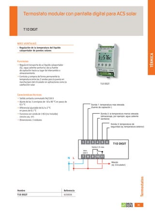 Termostato modular con pantalla digital para ACS solar

                        T1D DIGIT


                 MÁS VENTAJ A S
                 - Regulación de la temperatura del líquido
                   caloportador de paneles solares




                                                                                                                                                       TÉRMICA
                 Funciones




                 Características técnicas


                                                                                   Sonda 1: temperatura más elevada
                                                                                   (fuente de captación )

                                                                                             Sonda 2: la temperatura menos elevada
                                                                                             (almacenaje, por ejemplo: agua caliente
                                                                                             sanitaria)

                                                                                                       Sonda 3: temperatura de
                                                                                                       seguridad (ej. temperatura exterior)




                                                                                   Salida 5 A máx.
                                                                           Alim.
                                                                           230 V




                                                                                                        Mando
                                                                                                        (ej. Circulador)
                                                                                                                                         Termostatos




                 Nombre                                       Referencia
                 T1D DIGIT



                                                                                                                                    81



OK masson COM3700575-Catgeneral-ES.indd 81                                                                                             30/07/2012 18:00:11
 