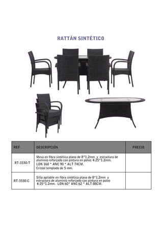 RATTÁN SINTÉTICO




REF.        DESCRIPCIÓN                                                PRECIO

            Mesa en fibra sintética plana de 8*1.2mm y estructura de
            aluminio reforzado con pintura en polvo ￠25*1.2mm.
RT-3330-T   LON 160 * ANC 90 * ALT 74CM.
            Cristal templado de 5 mm.

            Silla apilable en fibra sintética plana de 8*1.2mm y
RT-3330-C   estructura de aluminio reforzado con pintura en polvo
            ￠25*1.2mm. LON 60* ANC 62 * ALT 88CM.
 