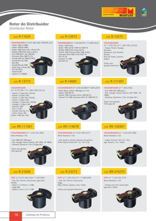 cód. R-11629 cód. R-12073 cód. R-13272 
VOLKSWAGEN (nº 9.231.081.628 / 040.905.225) VOLKSWAGEN (nº 1.234.332.072 / 111.905.225.C) 
VOLKSWAGEN 
cód. R-13713 cód. R-14083 cód. R-111301 
16 Catálogo de Produtos 
(nº 1.234.332.271 / ZBA 905.225.B) 
VOLKSWAGEN 
(nº 9.231.081.712 / ZBA 905.225.A) 
VOLKSWAGEN (nº1.234.332.082/111.905.225.F) VOLKSWAGEN (nº 1.963.556) 
- Sedan 1300 12.74/83; 
- Sedan 1500 05.74/83; 
- Sedan 1600 (Carb. Dup. e Simp.) /76; 
- Brasilia 1600 (Carb. Dup. e Simp.); 
- Gol 1300 09.81 ; Gol 1600 /83; 
- Karmann Ghia 1600 TC /75; 
- Kombi, Pick-Up 1500 05.74/75; 
- Kombi Pick-Up 1600 
(álc.) /83; 
- Kombi Pick-Up 1600 
(Carb. Dup. e Simp.) /83; 
- SP 2 02.74/75; 
- Variant II /81; 
- Variant I TL 1600/81. 
- Sedan 1200 Todos; 
- Sedan 1500, Kombi 1500 10.72/04.74; 
- Brasilia 1600 (Carb. Simp.) 02.74; 
- Kombi 1200, Kamann Ghia 1200, Todos; 
- Karmann Ghia 1600 TC 04.72/01.74; 
- SP 2 01.74; 
- Variant I TL 1600 
04.72/01.74. 
- Passat, Parati, Voyage, 
Santana, 
Quantum, Gol, Brasilia, 
Kombi, 
Pick-Up Todos, Saveiro, 
Sedan. 
Todos com 
Ignição Eletrônica 
- Passat 1.5 (gas./álc.) /07.82; 
- Passat 1.6 (gas.) /83; 
- Parati 1.5 (gas./álc.) /04.82; 
- Parati 1.6 (gas.) /83; 
- Voyage 1.5 (gas./álc.) /04.82; 
- Voyage 1.6 (gas.) /83; 
- Brasilia 1300 
(álc.) /12.81; 
- Kombi, Pick-Up 1.6 
(Carb. Simp.) /83, 
Sedan 1300 (álc.) /83. 
- Gol 1000 (AE 1000 gas.); 
- Gol, Voyage, Parati, Saveiro, (AE 1600, AP 
1800); 
- Santana, Quantum, 1.8 e 2.0 (gas./álc.). 
Todos com Ignição 
TZ/H após 92 
- Rotor Baixo, Sedan 1300 (gas.) /11.74; 
- Sedan 1500 /09.72; 
- Kombi 1500, Karmann Ghia 1500 /09.72; 
- Variant I TL 1600, Karmann Ghia TC 1600 /03.72. 
cód. RR-111301 cód. RR-114678 
VOLKSWAGEN (nº 1.234.332.300) VOLKSWAGEN (nº 9.231.087.677) 
Rotor Resistivo 1 kΩ 
- Gol 1000 (AE 1600 gas.); 
- Gol, Voyage, Parati, Saveiro, (AE 1600, AP 1800); 
- Santana, Quantum 1.8 e 2.0 (gas./álc.). 
Todos com Ignição 
TZ/H após 92 
Rotor Resistivo 1 kΩ 
- Gol, Saveiro, Parati, Santana, Quantum, 
Pollo Classic (Todos M.I 1.6, 1.8 e 2.0). 
cód. RR-120301 
cód. R-21630 
VOLKSWAGEN (nº 1.234.332.300) 
FIAT (nº 9.231.081.628 / 7.703.054) 
Rotor Resistivo 1 kΩ 
- Logus, Pointer 1.8 e 2.0 , Voy-age, 
Saveiro, 1.8, Todos. 
- Fiat 147, Fiorino, Panorama, (gas./álc.) 
/04.83; 
- Elba S 1.3, Prêmio 1.3 /88; 
- Oggi /84; 
- Spazio / Uno s, cs 1.3 /88. 
cód. R-23273 cód. RR-219275 
FIAT (nº 1.234.332.271 / 7.080.449) FIAT (nº 1.234.332.273) 
- Fiat 147, Fiorino, Panorama, 
Oggi, 
Elba, Prêmio, Spazio, Uno, Todos. 
Todos com Ignição Eletrônica 
Rotor Resistivo 1 kΩ 
- Tempra 2.0 com carburador 
(gas./álc.) Todos. 
Rotor do Distribuidor 
Distributor Rotor 
 