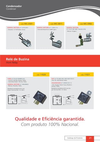 cód. 11020 cód. 11021 
FIAT (nº 97.600.328 / 902126513521) 
-Fiat 147, Alfa Romeo Todos. 
VOLKSWAGEN (nº 305651251-1) 
- Gol, Voyage, Parati, Fusca, Brasilia e 
Variant, Todos. 
Resistência da Bobina 61Ω com Du-plo 
Catálogo de Produtos 21 
cód. MC-3501 
GENERAL MOTORS (nº 3.474.501) 
- Chevette 1.4 73/79 (Distr. Arno). 
cód. MC-3811 
GENERAL MOTORS (nº 1.928.111) 
- Chevrolet Brasil (6 cil.) 69/81 (gas.). 
cód. MC-3982 
GENERAL MOTORS 
(nº 9.231.081.982 / 94.632.574) 
- Monza 1.6 (gas.). 
FORD (nº 81AG14N089-AA) 
- Corcel II, Del Rey, Pampa, Todos; 
- Caminhão Diesel, Pick-Up, Todos. 
GENERAL MOTORS (nº 94626862) 
- Monza, Chevette, Todos. 
Resistência da Bobina 61Ω com 
Duplo Terminal N/A. 12 V 40 A 
Terminal N/A. 12 V 40 A 
Qualidade e Eficiência garantida. 
Com produto 100% Nacional. 
87 
87 
87 
87 
85 
85 
30 
30 
87 
87 
87 
87 
85 
85 
30 
30 
Condensador 
Condenser 
Relé de Buzina 
Horn Relay 
 