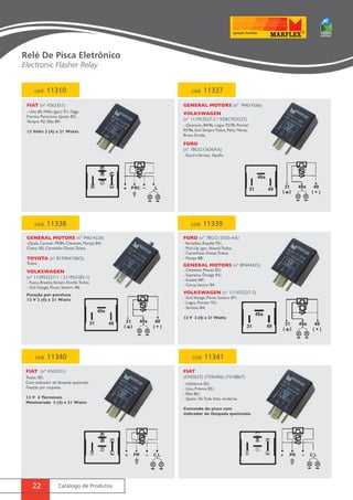 cód. 11310 
FIAT (nº 4363351) 
- Uno 85, Millie (gas.) 91/, Oggi, 
Fiorino, Panorama, Spazio 83/, 
Tempra 92/ Elba 89/. 
12 Volts 2 (4) x 21 Watts 
TOYOTA (nº 81990474BO) 
Todos. 
49a 
22 Catálogo de Produtos 
cód. 11337 
GENERAL MOTORS (nº 94614266) 
VOLKSWAGEN 
(nº 111953227-2 / 9ZBC953227) 
- Quantum, 84/96, Logus 92/96, Pointer 
93/96, Gol, Tempra Todos, Pálio, Marea, 
Brava, Strada. 
FORD 
(nº 78GG13650AA) 
- Escort, Verona, Apollo. 
cód. 11338 cód. 11339 
GENERAL MOTORS (nº 94614226) 
VOLKSWAGEN 
(nº 113953227-1 / 211953183-1) 
FORD (nº 78GG13350-AA) 
49a 
GENERAL MOTORS (nº 89444425) 
VOLKSWAGEN (nº 111953227-2) 
-Opala, Caravan 79/84, Chevette, Marajó 84/, 
Chevy /82, Caminhão Diesel, Todos. 
- Fusca, Brasilia, Variant, Kombi, Todos; 
- Gol, Voyage, Parati, Saveiro /86. 
Fixação por parafuso 
12 V 2 (4) x 21 Watts 
- Versailles, Royalle 92/; 
- Pick-Up (gas. /diesel) Todos; 
- Caminhões Diesel, Todos; 
- Pampa 88/. 
- Chevette, Monza 82/; 
- Suprema, Ômega 93/; 
- Kadett 89/; 
- Corsa, Vectra /94. 
- Gol, Voyage, Parati, Saveiro 87/; 
- Logus, Pointer 93/; 
- Santana 84/. 
12 V 2 (4) x 21 Watts 
cód. 11340 cód. 11341 
FIAT (nº 4363351) FIAT 
(5942627) (7595406) (7518867) 
- Utilitários 85/; 
- Uno, Prêmio 85/; 
- Elba 86/; 
- Spazio 76/ Toda linha moderna. 
Comando do pisca com 
indicador de lâmpada queimada. 
Todos /83; 
Com indicador de lâmpada queimada. 
Fixação por soquete. 
12 V 4 Terminais 
Monitorado 2 (4) x 21 Watts 
P 
R C 
L PRC 31 31 49a 
49 49 
( ) ( + ) 
31 31 49a 
49a 
49 49 ( ) ( + ) 31 31 49a 
49 49 ( ) ( + ) 
P 
R C 
R C 
+ L PR C L L 
PR C L 
Relé De Pisca Eletrônico 
Electronic Flasher Relay 
 