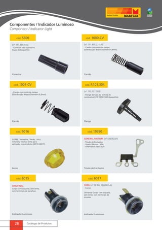 cód. 5500 
(nº 111.905.445) 
- Conector não supressivo 
(tupo de baquelite). 
Conector Carvão 
Carvão Flange 
Lente 
UNIVERSAL FORD (nº 78 DU 13W001-A) 
28 Catálogo de Produtos 
cód. 1000-CV 
(nº 111.905.221-A) 
- Carvão com mola da tampa 
(Distribuição Bosch Diametro 4,9mm). 
cód. 1001-CV 
- Carvão com mola da tampa 
(Distribuição Wapsa Diametro 6,3mm). 
cód. F.101.304 
(nº 113.127.303) 
- Flange de base da bomba de 
combustivel VW 1300/1500 (baquelite). 
cód. 6016 
CORES: Vermelha , Verde, Azul, 
Amarela, Incolor, lente para 
aplicação nos produtos (6015) (6017). 
cód. 19390 
GENERAL MOTORS (nº 52278221) 
- Triodo de Excitação; 
- Opala / Monza / 55A; 
- Alternador Delco 32A. 
cód. 6015 cód. 6017 
Corpo com soquete, sem lente, 
com terminais de parafuso. 
Indicador Luminoso 
Triodo de Excitação 
- Corcel. 
Universal Corpo com soquete, 
sem lente, com terminais de 
encaixe. 
Indicador Luminoso 
Componentes / Indicador Luminoso 
Component / Indicator Light 
 