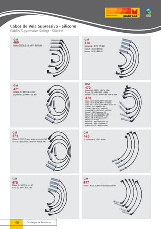 GM 
471 
Omega 2.2 MPFI 4 cil. 95/ 
Suprema 2.2 MPFI 4 cil. 95/ 
48 Catálogo de Produtos 
GM 
472 
Ipanema 2.0 MPFI 1997 a 1998 
Kadett 2.0 MPFI 1997 a 1998 
Vectra CD/GLS 2.0 MPFI 8V 1996 a 1998 
Cabos de Vela Supressivo - Silicone 
Cables Suppressive Sailing - Silicone 
 