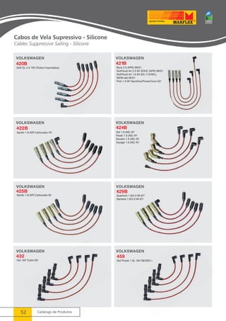 Cabos de Vela Supressivo - Silicone 
Cables Suppressive Sailing - Silicone 
VOLKSWAGEN 
425B 429B 
Apollo 1.8 (AP) Carburado 92 
VOLKSWAGEN 
52 Catálogo de Produtos 
VOLKSWAGEN 
Quantum 1.8/2.0 Mi 97/ 
Santana 1.8/2.0 Mi 97/ 
VOLKSWAGEN 
432 459 
Gol 16V Turbo 00/ Gol Power 1.0L 16V 08/2001> 
 