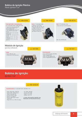 Catálogo de Produtos 9 
Bobina de Ignição Plástica 
Plastic Ignition Coil 
cód. MB-9506 
Asia Motors / Volkswagen 
(nº 9.220.081.506 / F.000.ZS0.104) 
- Towner Truck/ Van/ Coach 0.8i MPI 
- Gol ll / Special 1.0Mi 8v Álco./ - 
Gas. Dez. 96/ Agos. 05 
- Gol ll 1.0Mi Gas. Mar. 99/ Out. 99 
- Gol ll 1.0Mi /16v Gas. Set. 97/ 
Abr. 99 
- Gol lll 1.0Mi /16v Álc./ Gas. Mai. 
99/ Agos. 05 
- Kombi 1.6Mi - Álc./ Gas. Nov. 97/ 
Dez. 05 
- Parati ll 1.0 Mi 16v - Gas. Agos. 
97/ Abr. 99 
- Parati lll 1.0 Mi 16v - Gas. Mai. 
99/ Jul. 01 
cód. MB-9509 
GM (nº 9.220.081.509) 
- Ipanema 1.8/ 2.0 EFI - 
Álco./ Gas. Mar. 91/ Dez. 97 
- Kadett 1.8/ 2.0 EFI - Álco./ 
Gas. Mar. 91/ Dez. 97 
- Monza 1.8/ 2.0 EFI - Álco./ 
Gas. Mar. 91/ Dez. 96 
cód. MB-9510 
GM (nº 9.220.081.510) 
- Corsa 1.0/ 1.4/ 1.6 EFI Gasolina 
Obs. Com distribuidor. 
cód. MI-500 cód. MI-501 
FORD VOLKSWAGEN 
- Escort XR3 2.0, com 
LE-jetronic 01.93/ (6 pinos). 
- Gol 1.0 MI 16V Turbo Abril/00; 
- Golf 1.6 agosto/99; 
- Golf 1.8 Turbo agosto /99; 
- Golf 2.0 agosto/99 (3 pinos). 
Bobina de Ignição 
Ignition Coil 
VOLKSWAGEN (nº 9.220.081.039 / ZBA905.115) 
- Sedan 1300, 1500 e 1600 S/76; 
- Kombi 1500 e 1600 Simples e 
Dupla Carburação /83; 
- Karmann Ghia TC 1600; 
- Variant 1 e 2 1600 /81; 
- Brasilia 1600 Simples e Dupla 
Carburação; 
- Passat 1.5 e 1.6 11.7/SP 2, TL, Todos; 
cód. MB-924039 
- Gol 1300 e 1600 /83; 
- Karmann Ghia 1500; 
- Voyage 1.5 e 1.6 /83; 
- Xavante 1.67/11.74. 
12 Volts. Alta potência Ignição com 
Platinado sem Resistência Externa 
Módulo de Ignição 
Ignition Module 
 