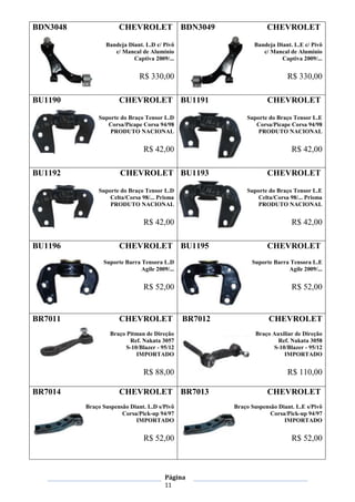 Página
11
BDN3048 CHEVROLET
Bandeja Diant. L.D c/ Pivô
c/ Mancal de Alumínio
Captiva 2009/...
R$ 330,00
BDN3049 CHEVROLET
Bandeja Diant. L.E c/ Pivô
c/ Mancal de Alumínio
Captiva 2009/...
R$ 330,00
BU1190 CHEVROLET
Suporte do Braço Tensor L.D
Corsa/Picape Corsa 94/98
PRODUTO NACIONAL
R$ 42,00
BU1191 CHEVROLET
Suporte do Braço Tensor L.E
Corsa/Picape Corsa 94/98
PRODUTO NACIONAL
R$ 42,00
BU1192 CHEVROLET
Suporte do Braço Tensor L.D
Celta/Corsa 98/... Prisma
PRODUTO NACIONAL
R$ 42,00
BU1193 CHEVROLET
Suporte do Braço Tensor L.E
Celta/Corsa 98/... Prisma
PRODUTO NACIONAL
R$ 42,00
BU1196 CHEVROLET
Suporte Barra Tensora L.D
Agile 2009/...
R$ 52,00
BU1195 CHEVROLET
Suporte Barra Tensora L.E
Agile 2009/...
R$ 52,00
BR7011 CHEVROLET
Braço Pitman de Direção
Ref. Nakata 3057
S-10/Blazer - 95/12
IMPORTADO
R$ 88,00
BR7012 CHEVROLET
Braço Auxiliar de Direção
Ref. Nakata 3058
S-10/Blazer - 95/12
IMPORTADO
R$ 110,00
BR7014 CHEVROLET
Braço Suspensão Diant. L.D s/Pivô
Corsa/Pick-up 94/97
IMPORTADO
R$ 52,00
BR7013 CHEVROLET
Braço Suspensão Diant. L.E s/Pivô
Corsa/Pick-up 94/97
IMPORTADO
R$ 52,00
 