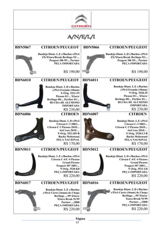 Página
13
BDN5067 CITROEN/PEUGEOT
Bandeja Diant. L.E c/Buchas s/Pivô
ZX/XSara/Break Berlingo 92/…
Peugeot 306 95/... Partner
PEÇA IMPORTADA
R$ 190,00
BDN5066 CITROEN/PEUGEOT
Bandeja Diant. L.D c/Buchas s/Pivô
ZX/XSara/Break Berlingo 92/...
Peugeot 306 95/... Partner
PEÇA IMPORTADA
R$ 190,00
BDN6010 CITROEN/PEUGEOT
Bandeja Diant. L.D c/Buchas
c/Pivô Forjada (18mm)
N Orig. 3521-F5
Picasso 01/... XSara/
Berlingo 00/... Parther 01/...
BUCHA DE ALUMINIO
IMPORTADA
R$ 230,00
BDN6011 CITROEN/PEUGEOT
Bandeja Diant. L.E c/Buchas
c/Pivô Forjada (18mm)
N Orig. 3520-J5
Picasso 01/... XSara/
Berlingo 00/... Parther 01/...
BUCHA DE ALUMINIO
IMPORTADA
R$ 230,00
BDN6006 CITROEN
Bandeja Diant. L.D s/Pivô
Citroen C-3 2002/...
Citroen C-3 Picasso 2010/...
AirCross 2010/…
N Orig. 3521.H5-B
Bucha Mobensani
PEÇA NACIONAL
R$ 170,00
BDN6007 CITROEN
Bandeja Diant. L.E s/Pivô
Citroen C-3 2002/...
Citroen C-3 Picasso 2010/...
AirCross 2010/…
N Orig. 3520.L3-B
Bucha Mobensani
PEÇA NACIONAL
R$ 170,00
BDN5011 CITROEN/PEUGEOT
Bandeja Diant. L.E c/Buchas s/Pivô
Citroen C-4/C-4 Picasso
Grand Picasso
Peugeot 307 2001/...
N Orig. 3520-K8
PEÇA IMPORTADA
R$ 220,00
BDN5012 CITROEN/PEUGEOT
Bandeja Diant. L.D c/Buchas s/Pivô
Citroen C-4/C-4 Picasso
Grand Picasso
Peugeot 307 2001/...
N Orig. 3521-G8
PEÇA IMPORTADA
R$ 220,00
BDN6017 CITROEN/PEUGEOT
Bandeja Diant. L.E c/Buchas
c/Pivô Curto (16mm) de Chapa
Berlingo .../99 XSara/
XSara Break 91/99
Partner .../2000
PEÇA IMPORTADA
R$ 220,00
BDN6016 CITROEN/PEUGEOT
Bandeja Diant. L.D c/Buchas
c/Pivô Curto (16mm) de Chapa
Berlingo .../99 XSara/
Xsara Break 91/99
Partner .../2000
PEÇA IMPORTADA
R$ 220,00
 