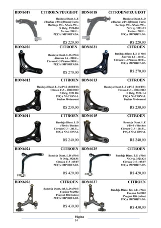 Página
14
BDN6019 CITROEN/PEUGEOT
Bandeja Diant. L.E
c/Buchas c/Pivô(18mm) Curto
Berlingo 99/... XSara 99/...
N Orig. 3520-H4
Partner 2001/...
PEÇA IMPORTADA
R$ 220,00
BDN6018 CITROEN/PEUGEOT
Bandeja Diant. L.D
c/Buchas c/Pivô(18mm) Curto
Berlingo 99/... XSara 99/...
N Orig. 3521-E3
Partner 2001/...
PEÇA IMPORTADA
R$ 220,00
BDN6020 CITROEN
Bandeja Diant. L.D c/Pivô
Aircross 1.6 - 2010/...
Citroen C-3 Picasso 2010/...
PEÇA IMPORTADA
R$ 270,00
BDN6021 CITROEN
Bandeja Diant. L.E c/ Pivô
Aircross 1.6 - 2010/...
Citroen C-3 Picasso 2010/...
PEÇA IMPORTADA
R$ 270,00
BDN6012 CITROEN
Bandeja Diant. L.D c/Pivô (BIRTH)
Citroen C-3 – 2002/2012
N Orig. 3521.H6
PEÇA NACIONAL
Buchas Mobensani
R$ 230,00
BDN6013 CITROEN
Bandeja Diant. L.E c/Pivô (BIRTH)
Citroen C-3 – 2002/2012
N Orig. 3520. L4
PEÇA NACIONAL
Buchas Mobensani
R$ 230,00
BDN6014 CITROEN
Bandeja Diant. L.D
c/Pivô c/ Buchas
Citroen C-3 – 2013/...
PEÇA NACIONAL
R$ 240,00
BDN6015 CITROEN
Bandeja Diant. L.E
c/Pivô c/ Buchas
Citroen C-3 – 2013/...
PEÇA NACIONAL
R$ 240,00
BDN6024 CITROEN
Bandeja Diant. L.D s/Pivô
N Orig. 3520.P1
Citroen C-5 - 03/07
PEÇA IMPORTADA
R$ 420,00
BDN6025 CITROEN
Bandeja Diant. L.E s/Pivô
N Orig. 3521.G4
Citroen C-5 – 03/07
PEÇA IMPORTADA
R$ 420,00
BDN6026 CITROEN
Bandeja Diant. Inf. L.D c/Pivô
Evasion 94/2002
Peugeot 806 (todos)
PEÇA IMPORTADA
R$ 430,00
BDN6027 CITROEN
Bandeja Diant. Inf. L.E c/Pivô
Evasion 94/2002
Peugeot 806 (todos)
PEÇA IMPORTADA
R$ 430,00
 