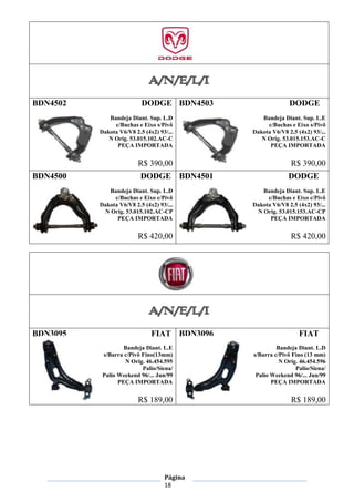 Página
18
BDN4502 DODGE
Bandeja Diant. Sup. L.D
c/Buchas e Eixo s/Pivô
Dakota V6/V8 2.5 (4x2) 93/...
N Orig. 53.015.102.AC-C
PEÇA IMPORTADA
R$ 390,00
BDN4503 DODGE
Bandeja Diant. Sup. L.E
c/Buchas e Eixo s/Pivô
Dakota V6/V8 2.5 (4x2) 93/...
N Orig. 53.015.153.AC-C
PEÇA IMPORTADA
R$ 390,00
BDN4500 DODGE
Bandeja Diant. Sup. L.D
c/Buchas e Eixo c/Pivô
Dakota V6/V8 2.5 (4x2) 93/...
N Orig. 53.015.102.AC-CP
PEÇA IMPORTADA
R$ 420,00
BDN4501 DODGE
Bandeja Diant. Sup. L.E
c/Buchas e Eixo c/Pivô
Dakota V6/V8 2.5 (4x2) 93/...
N Orig. 53.015.153.AC-CP
PEÇA IMPORTADA
R$ 420,00
BDN3095 FIAT
Bandeja Diant. L.E
s/Barra c/Pivô Fino(13mm)
N Orig. 46.454.595
Palio/Siena/
Palio Weekend 96/... Jun/99
PEÇA IMPORTADA
R$ 189,00
BDN3096 FIAT
Bandeja Diant. L.D
s/Barra c/Pivô Fino (13 mm)
N Orig. 46.454.596
Palio/Siena/
Palio Weekend 96/... Jun/99
PEÇA IMPORTADA
R$ 189,00
 