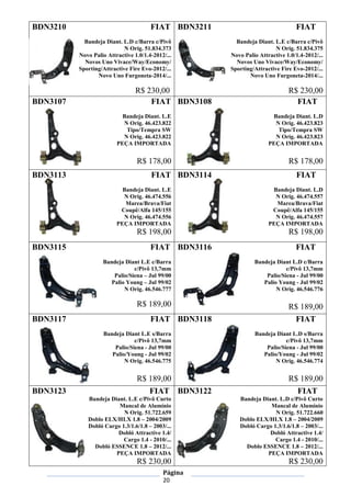 Página
20
BDN3210 FIAT
Bandeja Diant. L.D c/Barra c/Pivô
N Orig. 51.834.373
Novo Palio Attractive 1.0/1.4-2012/...
Novos Uno Vivace/Way/Economy/
Sporting/Attractive Fire Evo-2012/...
Novo Uno Furgoneta-2014/...
R$ 230,00
BDN3211 FIAT
Bandeja Diant. L.E c/Barra c/Pivô
N Orig. 51.834.375
Novo Palio Attractive 1.0/1.4-2012/...
Novos Uno Vivace/Way/Economy/
Sporting/Attractive Fire Evo-2012/...
Novo Uno Furgoneta-2014/...
R$ 230,00
BDN3107 FIAT
Bandeja Diant. L.E
N Orig. 46.423.822
Tipo/Tempra SW
N Orig. 46.423.822
PEÇA IMPORTADA
R$ 178,00
BDN3108 FIAT
Bandeja Diant. L.D
N Orig. 46.423.823
Tipo/Tempra SW
N Orig. 46.423.823
PEÇA IMPORTADA
R$ 178,00
BDN3113 FIAT
Bandeja Diant. L.E
N Orig. 46.474.556
Marea/Brava/Fiat
Coupê/Alfa 145/155
N Orig. 46.474.556
PEÇA IMPORTADA
R$ 198,00
BDN3114 FIAT
Bandeja Diant. L.D
N Orig. 46.474.557
Marea/Brava/Fiat
Coupê/Alfa 145/155
N Orig. 46.474.557
PEÇA IMPORTADA
R$ 198,00
BDN3115 FIAT
Bandeja Diant L.E c/Barra
c/Pivô 13,7mm
Palio/Siena – Jul 99/00
Palio Young – Jul 99/02
N Orig. 46.546.777
R$ 189,00
BDN3116 FIAT
Bandeja Diant L.D c/Barra
c/Pivô 13,7mm
Palio/Siena - Jul 99/00
Palio Young - Jul 99/02
N Orig. 46.546.776
R$ 189,00
BDN3117 FIAT
Bandeja Diant L.E s/Barra
c/Pivô 13,7mm
Palio/Siena - Jul 99/00
Palio/Young - Jul 99/02
N Orig. 46.546.775
R$ 189,00
BDN3118 FIAT
Bandeja Diant L.D s/Barra
c/Pivô 13,7mm
Palio/Siena - Jul 99/00
Palio/Young - Jul 99/02
N Orig. 46.546.774
R$ 189,00
BDN3123 FIAT
Bandeja Diant. L.E c/Pivô Curto
Mancal de Alumínio
N Orig. 51.722.659
Doblo ELX/HLX 1.8 – 2004/2009
Dobló Cargo 1.3/1.6/1.8 – 2003/...
Dobló Attractive 1.4/
Cargo 1.4 - 2010/...
Dobló ESSENCE 1.8 – 2012/...
PEÇA IMPORTADA
R$ 230,00
BDN3122 FIAT
Bandeja Diant. L.D c/Pivô Curto
Mancal de Alumínio
N Orig. 51.722.660
Doblo ELX/HLX 1.8 – 2004/2009
Dobló Cargo 1.3/1.6/1.8 – 2003/...
Dobló Attractive 1.4/
Cargo 1.4 - 2010/...
Doblo ESSENCE 1.8 – 2012/...
PEÇA IMPORTADA
R$ 230,00
 