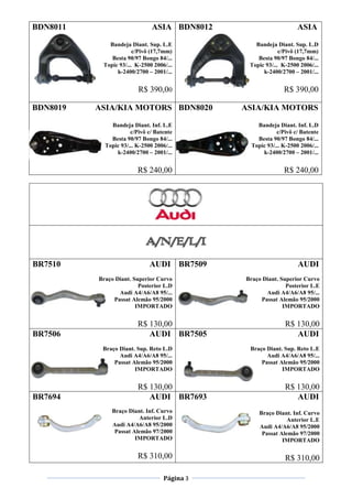 Página 3
BDN8011 ASIA
Bandeja Diant. Sup. L.E
c/Pivô (17,7mm)
Besta 90/97 Bongo 84/...
Topic 93/... K-2500 2006/...
k-2400/2700 – 2001/...
R$ 390,00
BDN8012 ASIA
Bandeja Diant. Sup. L.D
c/Pivô (17,7mm)
Besta 90/97 Bongo 84/...
Topic 93/... K-2500 2006/...
k-2400/2700 – 2001/...
R$ 390,00
BDN8019 ASIA/KIA MOTORS
Bandeja Diant. Inf. L.E
c/Pivô c/ Batente
Besta 90/97 Bongo 84/...
Topic 93/... K-2500 2006/...
k-2400/2700 – 2001/...
R$ 240,00
BDN8020 ASIA/KIA MOTORS
Bandeja Diant. Inf. L.D
c/Pivô c/ Batente
Besta 90/97 Bongo 84/...
Topic 93/... K-2500 2006/...
k-2400/2700 – 2001/...
R$ 240,00
BR7510 AUDI
Braço Diant. Superior Curvo
Posterior L.D
Audi A4/A6/A8 95/...
Passat Alemão 95/2000
IMPORTADO
R$ 130,00
BR7509 AUDI
Braço Diant. Superior Curvo
Posterior L.E
Audi A4/A6/A8 95/...
Passat Alemão 95/2000
IMPORTADO
R$ 130,00
BR7506 AUDI
Braço Diant. Sup. Reto L.D
Audi A4/A6/A8 95/...
Passat Alemão 95/2000
IMPORTADO
R$ 130,00
BR7505 AUDI
Braço Diant. Sup. Reto L.E
Audi A4/A6/A8 95/...
Passat Alemão 95/2000
IMPORTADO
R$ 130,00
BR7694 AUDI
Braço Diant. Inf. Curvo
Anterior L.D
Audi A4/A6/A8 95/2000
Passat Alemão 97/2000
IMPORTADO
R$ 310,00
BR7693 AUDI
Braço Diant. Inf. Curvo
Anterior L.E
Audi A4/A6/A8 95/2000
Passat Alemão 97/2000
IMPORTADO
R$ 310,00
 