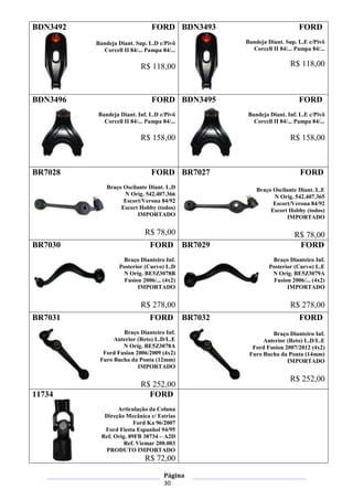 Página
30
BDN3492 FORD
Bandeja Diant. Sup. L.D c/Pivô
Corcell II 84/... Pampa 84/...
R$ 118,00
BDN3493 FORD
Bandeja Diant. Sup. L.E c/Pivô
Corcell II 84/... Pampa 84/...
R$ 118,00
BDN3496 FORD
Bandeja Diant. Inf. L.D c/Pivô
Corcell II 84/... Pampa 84/...
R$ 158,00
BDN3495 FORD
Bandeja Diant. Inf. L.E c/Pivô
Corcell II 84/... Pampa 84/...
R$ 158,00
BR7028 FORD
Braço Oscilante Diant. L.D
N Orig. 542.407.366
Escort/Verona 84/92
Escort Hobby (todos)
IMPORTADO
R$ 78,00
BR7027 FORD
Braço Oscilante Diant. L.E
N Orig. 542.407.365
Escort/Verona 84/92
Escort Hobby (todos)
IMPORTADO
R$ 78,00
BR7030 FORD
Braço Dianteiro Inf.
Posterior (Curvo) L.D
N Orig. BE5Z3078B
Fusion 2006/... (4x2)
IMPORTADO
R$ 278,00
BR7029 FORD
Braço Dianteiro Inf.
Posterior (Curvo) L.E
N Orig. BE5Z3079A
Fusion 2006/... (4x2)
IMPORTADO
R$ 278,00
BR7031 FORD
Braço Dianteiro Inf.
Anterior (Reto) L.D/L.E
N Orig. BE5Z3078A
Ford Fusion 2006/2009 (4x2)
Furo Bucha da Ponta (12mm)
IMPORTADO
R$ 252,00
BR7032 FORD
Braço Dianteiro Inf.
Anterior (Reto) L.D/L.E
Ford Fusion 2007/2012 (4x2)
Furo Bucha da Ponta (14mm)
IMPORTADO
R$ 252,00
11734 FORD
Articulação da Coluna
Direção Mecânica c/ Estrias
Ford Ka 96/2007
Ford Fiesta Espanhol 94/95
Ref. Orig. 89FB 38734 – A2D
Ref. Viemar 200.003
PRODUTO IMPORTADO
R$ 72,00
 