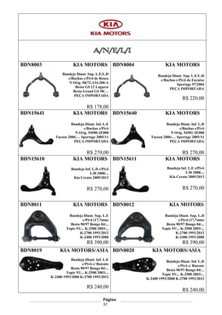 Página
37
BDN8003 KIA MOTORS
Bandeja Diant. Sup. L.E/L.D
c/Buchas c/Pivô de Rosca
N Orig. 0K72.A34.200-A
Besta GS 12 Lugares
Besta Grand GS 98/…
PEÇA IMPORTADA
R$ 178,00
BDN8004 KIA MOTORS
Bandeja Diant. Sup. L.E/L.D
c/Buchas c/Pivô de Encaixe
Sportage 97/2004
PEÇA IMPORTADA
R$ 220,00
BDN15641 KIA MOTORS
Bandeja Diant. Inf. L.E
c/Buchas s/Pivô
N Orig. 54500-2E000
Tucson 2006/… Sportage 2005/11
PEÇA IMPORTADA
R$ 270,00
BDN15640 KIA MOTORS
Bandeja Diant. Inf. L.D
c/Buchas s/Pivô
N Orig. 54501-2E000
Tucson 2006/… Sportage 2005/11
PEÇA IMPORTADA
R$ 270,00
BDN15610 KIA MOTORS
Bandeja Inf. L.D s/Pivô
I-30 2008/...
Kia Cerato 2009/2013
R$ 270,00
BDN15611 KIA MOTORS
Bandeja Inf. L.E s/Pivô
I-30 2008/...
Kia Cerato 2009/2013
R$ 270,00
BDN8011 KIA MOTORS
Bandeja Diant. Sup. L.E
c/Pivô (17,7mm)
Besta 90/97 Bongo 84/...
Topic 93/... K-2500 2003/...
K-2700 1993/2012
K-2400 1993/2000
R$ 390,00
BDN8012 KIA MOTORS
Bandeja Diant. Sup. L.D
c/Pivô (17,7mm)
Besta 90/97 Bongo 84/...
Topic 93/... K-2500 2003/...
K-2700 1993/2012
K-2400 1993/2000
R$ 390,00
BDN8019 KIA MOTORS/ASIA
Bandeja Diant. Inf. L.E
c/Pivô c/ Batente
Besta 90/97 Bongo 84/...
Topic 93/... K-2500 2003/...
K-2400 1993/2000 K-2700 1993/2012
R$ 240,00
BDN8020 KIA MOTORS/ASIA
Bandeja Diant. Inf. L.D
c/Pivô c/ Batente
Besta 90/97 Bongo 84/...
Topic 93/... K-2500 2003/...
K-2400 1993/2000 K-2700 1993/2012
R$ 240,00
 
