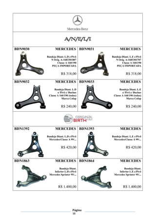 Página
38
BDN9030 MERCEDES
Bandeja Diant. L.D c/Pivô
N Orig. A-1683301807
Classe A 160/190
PEÇA IMPORTADA
R$ 318,00
BDN9031 MERCEDES
Bandeja Diant. L.E c/Pivô
N Orig. A-1683301707
Classe A 160/190
PEÇA IMPORTADA
R$ 318,00
BDN9032 MERCEDES
Bandeja Diant. L.D
s/ Pivô c/ Buchas
Classe A 160/190 (todas)
Marca Cofap
R$ 240,00
BDN9033 MERCEDES
Bandeja Diant. L.E
s/ Pivô c/ Buchas
Classe A 160/190 (todas)
Marca Cofap
R$ 240,00
BDN1392 MERCEDES
Bandeja Diant. L.D c/Pivô
Mercedes/Classe A 99/...
R$ 420,00
BDN1393 MERCEDES
Bandeja Diant. L.E c/Pivô
Mercedes/Classe A 99/...
R$ 420,00
BDN1863 MERCEDES
Bandeja Diant.
Inferior L.D c/Pivô
Mercedes Sprinter 95/...
R$ 1.400,00
BDN1864 MERCEDES
Bandeja Diant.
Inferior L.E c/Pivô
Mercedes Sprinter 95/...
R$ 1.400,00
 