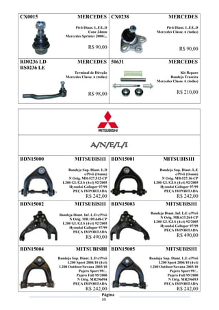 Página
39
CX0015 MERCEDES
Pivô Diant. L.E/L.D
Cone 24mm
Mercedes Sprinter 2000/...
R$ 90,00
CX0238 MERCEDES
Pivô Diant. L.E/L.D
Mercedes Classe A (todas)
R$ 90,00
RD0236 LD MERCEDES
RS0236 LE
Terminal de Direção
Mercedes Classe A (todas)
R$ 98,00
50631 MERCEDES
Kit Reparo
Bandeja Traseira
Mercedes Classe A (todas)
R$ 210,00
BDN15000 MITSUBISHI
Bandeja Sup. Diant. L.D
c/Pivô (16mm)
N Orig. MR-527.512-CP
L200 GL/GLS (4x4) 92/2005
Hyundai Galloper 97/99
PEÇA IMPORTADA
R$ 242,00
BDN15001 MITSUBISHI
Bandeja Sup. Diant. L.E
c/Pivô (16mm)
N Orig. MB-527.16-CP
L200 GL/GLS (4x4) 92/2005
Hyundai Galloper 97/99
PEÇA IMPORTADA
R$ 242,00
BDN15002 MITSUBISHI
Bandeja Diant. Inf. L.D c/Pivô
N Orig. MB.109.648-CP
L200 GL/GLS (4x4) 92/2005
Hyundai Galloper 97/99
PEÇA IMPORTADA
R$ 490,00
BDN15003 MITSUBISHI
Bandeja Diant. Inf. L.E c/Pivô
N Orig. MB.633.264-CP
L200 GL/GLS (4x4) 92/2005
Hyundai Galloper 97/99
PEÇA IMPORTADA
R$ 490,00
BDN15004 MITSUBISHI
Bandeja Sup. Diant. L.D c/Pivô
L200 Sport 2004/10 (4x4)
L200 Outdoor/Savana 2003/10
Pajero Sport 99/...
Pajero Full 95/2000
N Orig. MR296094
PEÇA IMPORTADA
R$ 242,00
BDN15005 MITSUBISHI
Bandeja Sup. Diant. L.E c/Pivô
L200 Sport 2004/10 (4x4)
L200 Outdoor/Savana 2003/10
Pajero Sport 99/...
Pajero Full 95/2000
N Orig. MR296093
PEÇA IMPORTADA
R$ 242,00
 